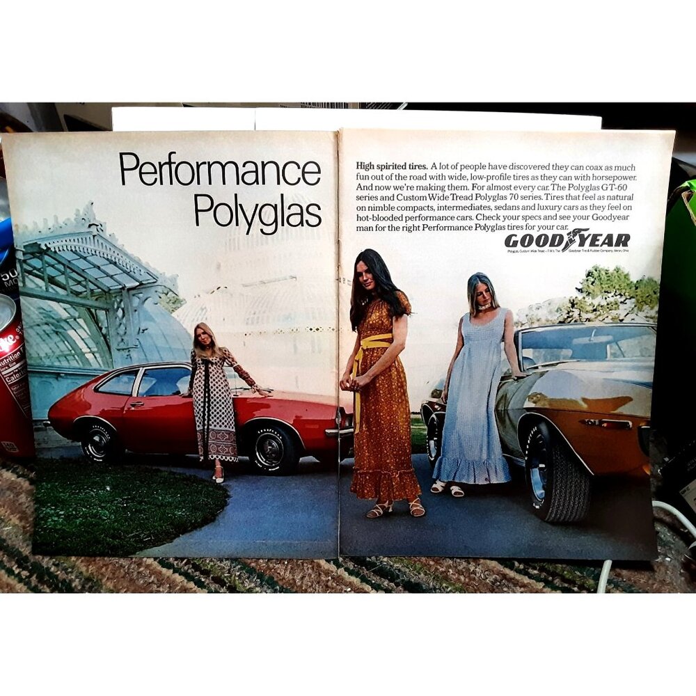 1971 Goodyear Tires Pinto Javelin Sexy Women 2 Page Original Print Ad
